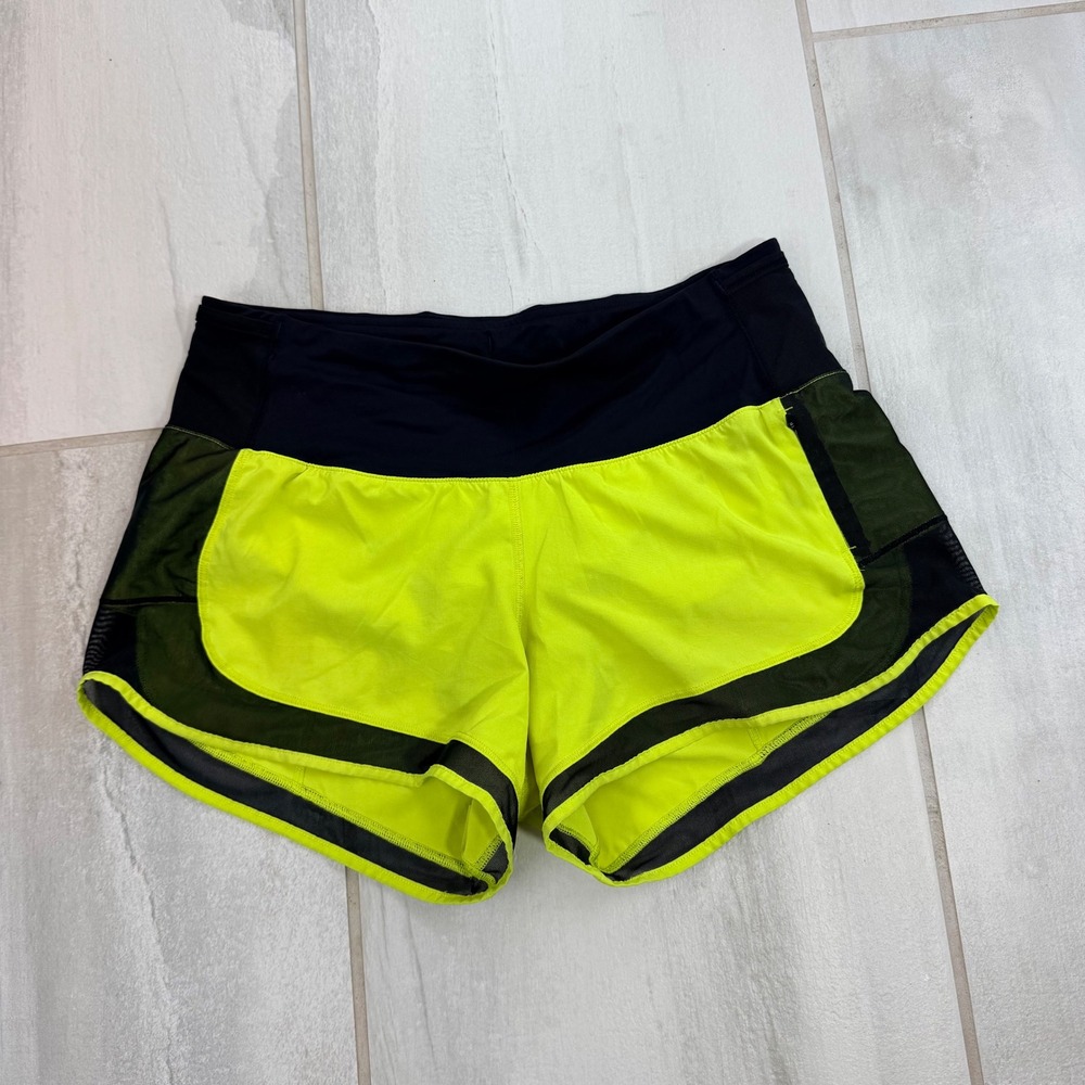 Lululemon Neon Yellow Black Mesh Running Shorts Lined Zip Pocket 2.5 Size 4